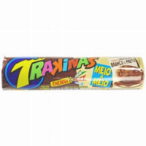 Biscoito TRAKINAS Recheado Meio Chocolate Branco Meio Chocolate ao Leite Pacote 143g