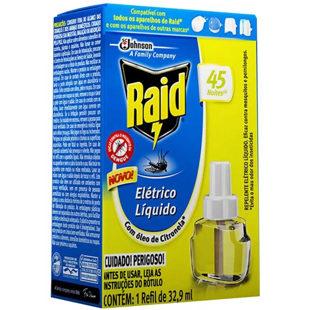 Repelente Raid Elétrico Com óleo de Citronela 45 Noites Refil 32,9 Ml